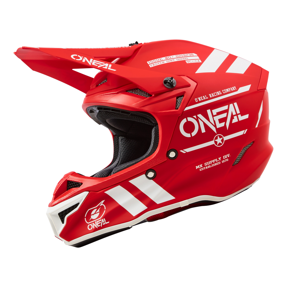 Der O'NEAL 5SRS Polyacrylite Helm WARHAWK in auffälligem Rot und Weiß besticht durch ein aerodynamisches Design. Dieser fachmännisch konstruierte Helm verfügt über ein robustes Visier, mehrere Belüftungsöffnungen und das charakteristische O'NEAL-Logo, das seine Rennsport- und Zulieferqualitäten unterstreicht. Mit schwarzer Innenpolsterung für Komfort und Schutz ist er perfekt für ernsthafte Fahrer.