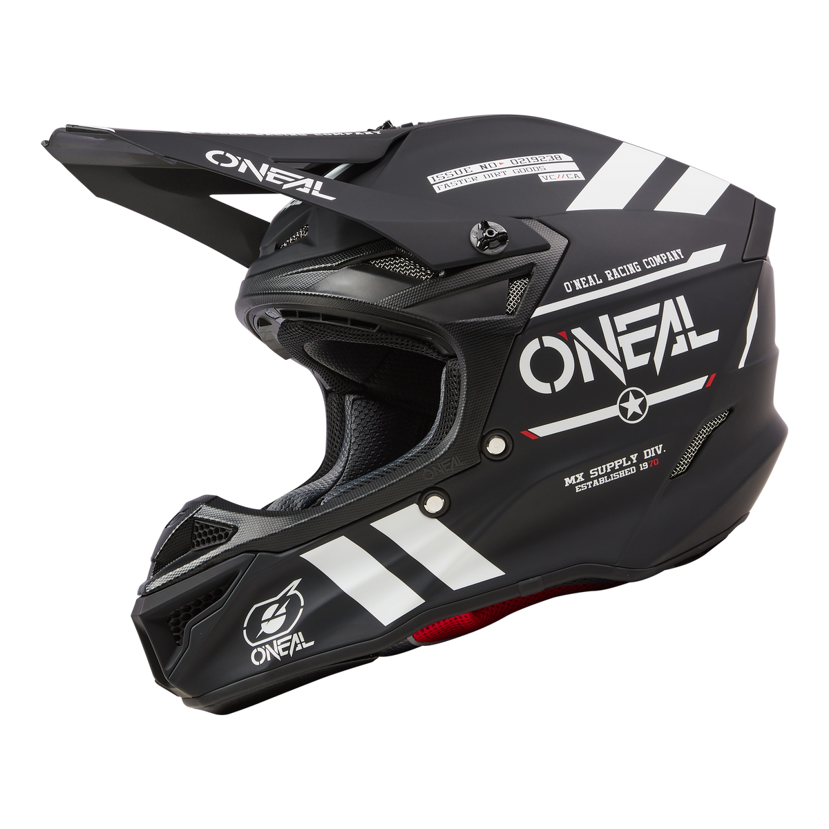 Ein schwarzer O'NEAL 5SRS Polyacrylite Helm WARHAWK Integralhelm mit weißen Streifen und Branding. Dieses Modell verfügt über ein belüftetes Design, ein verstellbares Visier und zusätzliche Aufkleber, darunter das Logo der O'NEAL Racing Company. Die Innenpolsterung ist durch das offene Gesicht sichtbar.