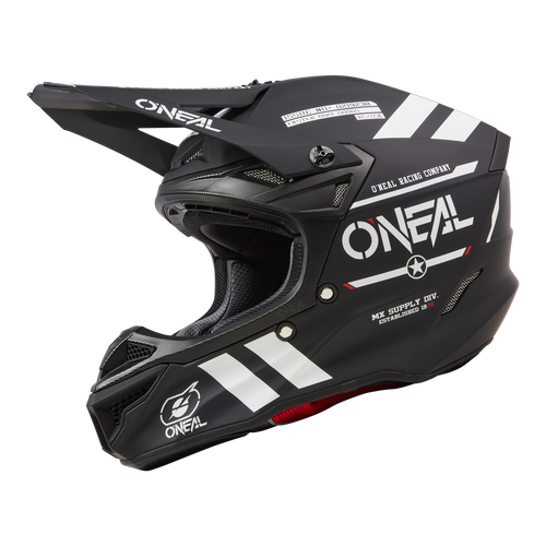 Ein schwarzer O'NEAL 5SRS Polyacrylite Helm WARHAWK Integralhelm mit weißen Streifen und Branding. Dieses Modell verfügt über ein belüftetes Design, ein verstellbares Visier und zusätzliche Aufkleber, darunter das Logo der O'NEAL Racing Company. Die Innenpolsterung ist durch das offene Gesicht sichtbar.