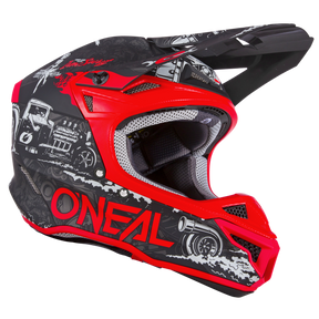 Dieses Bild zeigt einen O'NEAL 5SRS Polyacrylite Helm HR, einen rot-schwarzen Motocross-Helm mit aufwendigen Grafiken, darunter ein Drache, Autoteile und industrielle Elemente. Der Helm verfügt über ein Integraldesign mit Belüftungsplatten und Polsterung und bietet sowohl Schutz als auch eine auffällige Ästhetik.