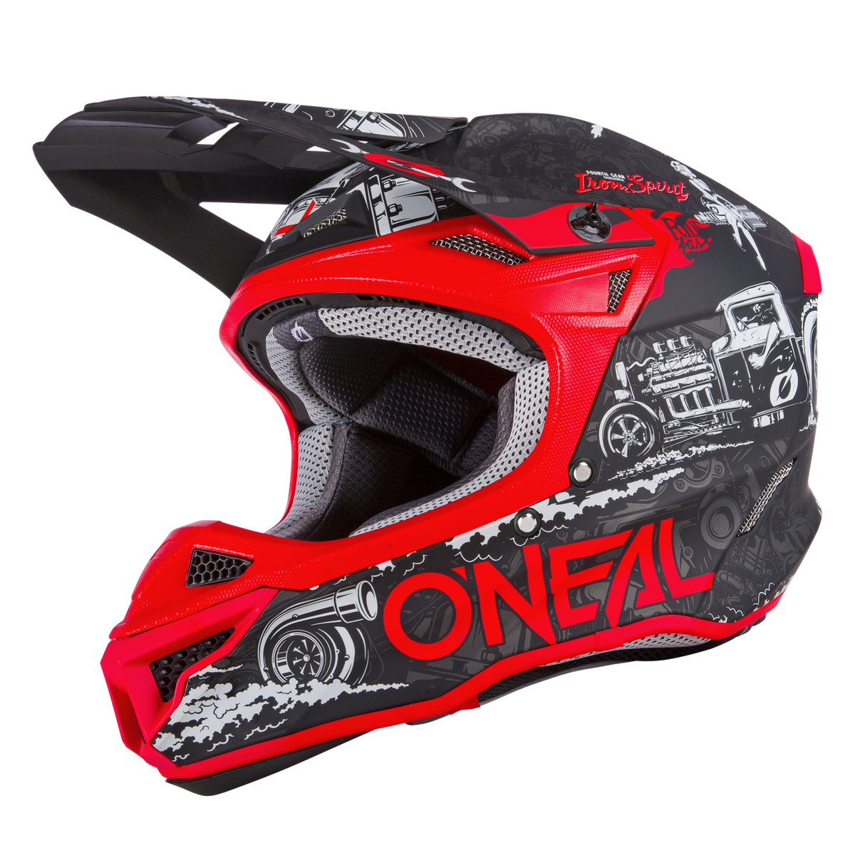 Bild eines rot-schwarzen O'NEAL 5SRS Polyacrylite Helm HR, verziert mit verschiedenen Grafikdesigns, darunter stilisierte Motoren und komplizierte Details. Der Helm hat eine glänzende Oberfläche und eine aerodynamische Form mit einem Visier an der Vorderseite und zeigt in jeder Hinsicht hochwertige Technik.