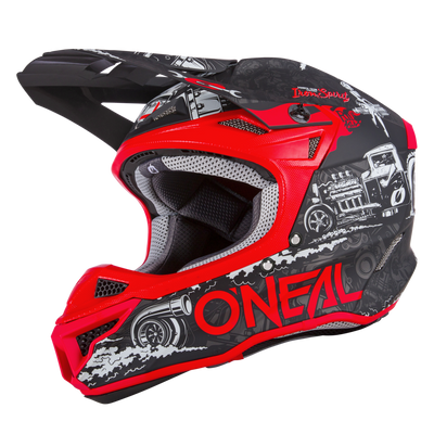 Bild eines rot-schwarzen O'NEAL 5SRS Polyacrylite Helm HR, verziert mit verschiedenen Grafikdesigns, darunter stilisierte Motoren und komplizierte Details. Der Helm hat eine glänzende Oberfläche und eine aerodynamische Form mit einem Visier an der Vorderseite und zeigt in jeder Hinsicht hochwertige Technik.