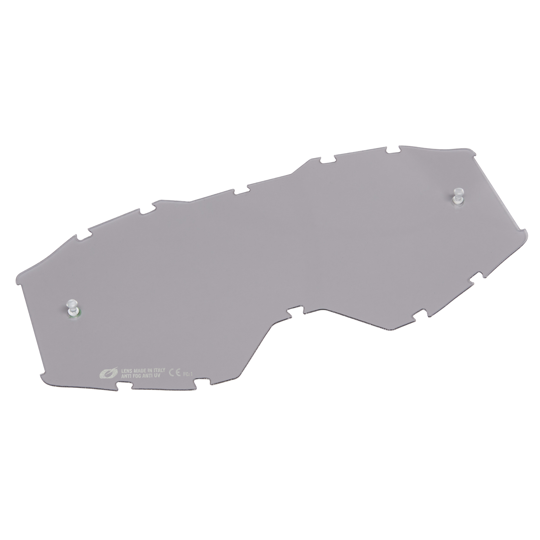 Die O'NEAL B-10 Goggle Ersatzscheibe ist eine transparente, eckige Kunststoffscheibe mit zwei kleinen Verschlüssen auf jeder Seite, die vor einem einfarbigen Hintergrund abgebildet ist.