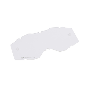 Die O'NEAL B-10 Youth Goggle - Spare Lens ist eine transparente, unregelmäßig geformte Kunststofflinse von O'NEAL, die für eine bestimmte Art von Schutzbrille oder Schutzbrille geeignet ist. Sie verfügt über zwei kleine erhabene Punkte zur Befestigung und weist am Rand schwache Markierungen auf.