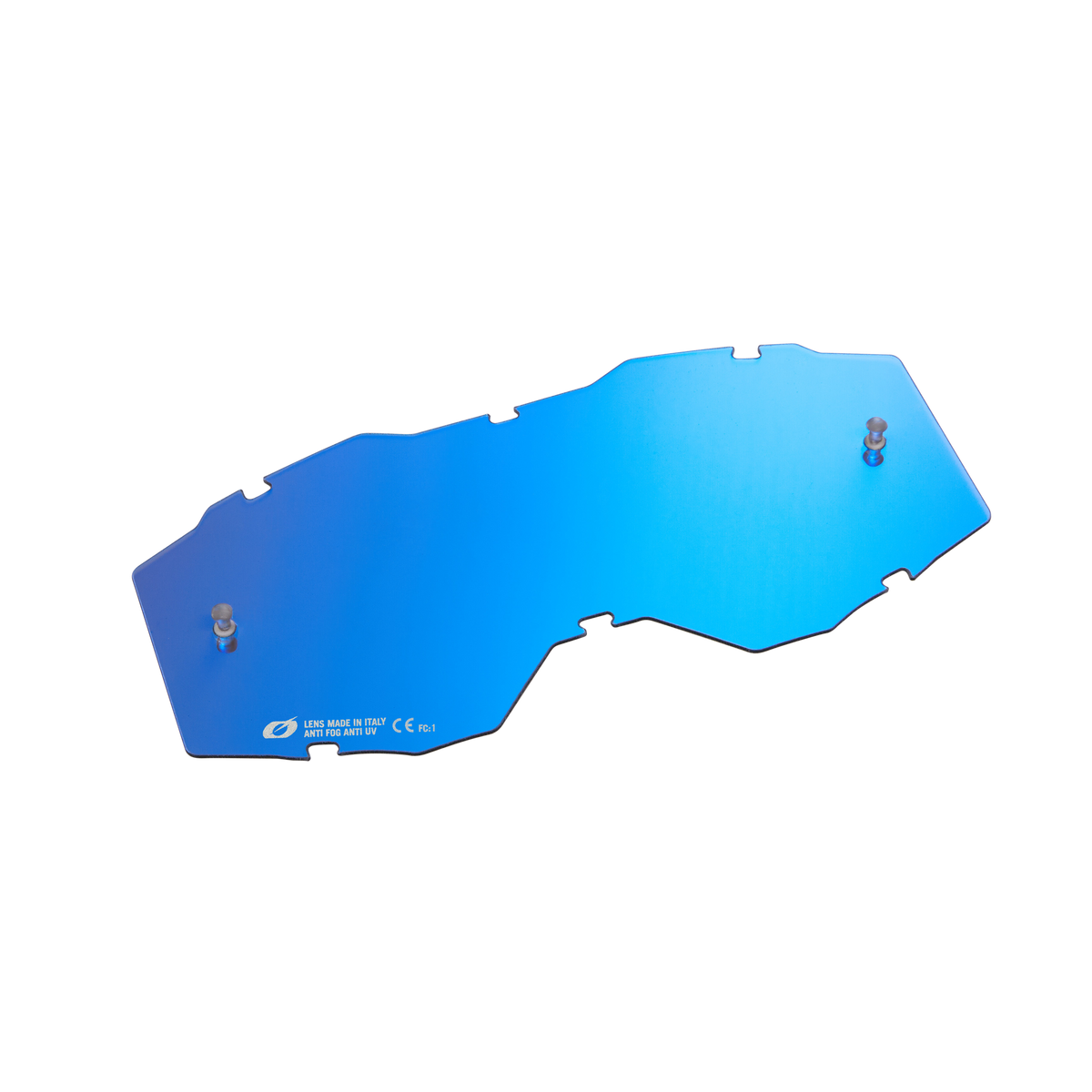 Abgebildet ist eine Ersatzlinse für die O'NEAL B-10 Youth Goggle in Blau. Dieses metallische, unregelmäßig geformte Bauteil hat eine reflektierende Oberfläche und verfügt über zwei sichtbare Verschlüsse sowie einen kleinen, geätzten Text in der unteren linken Ecke.