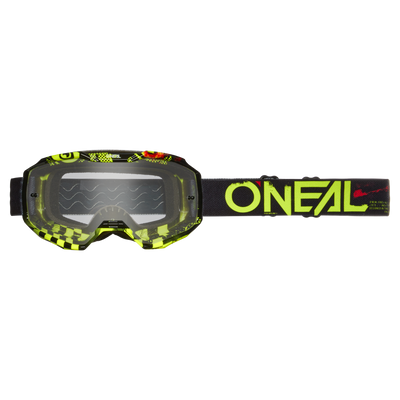 Las gafas O'NEAL B-10 ATTACK tienen un diseño a cuadros negros y amarillos, lentes transparentes y una correa ajustable con el nombre de la marca O'NEAL en letras amarillas llamativas.