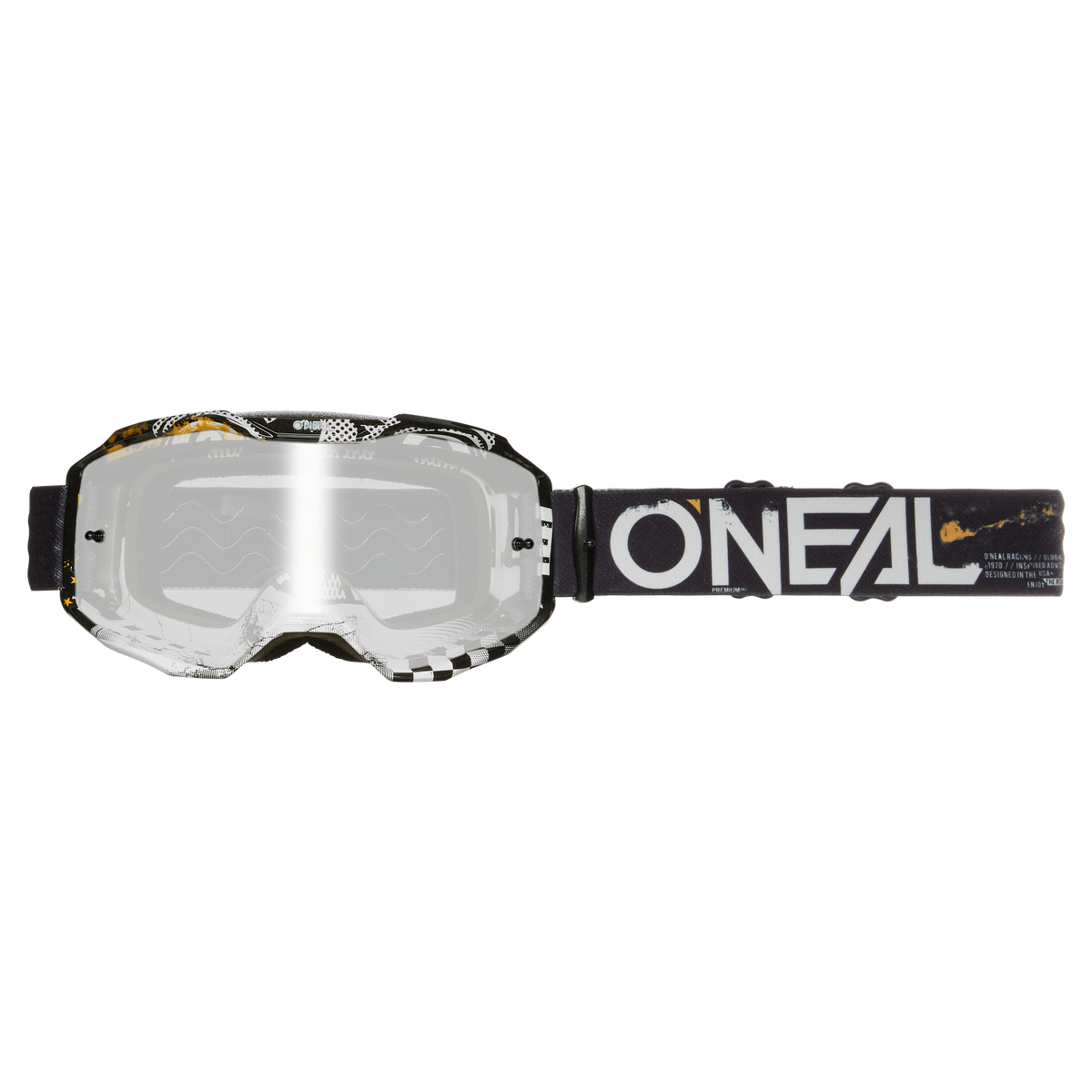 Die O'NEAL B-10 Brille ATTACK überzeugt durch klare Gläser und ein robustes, sportliches Design mit schwarz-weißem Rahmen und silber verspiegelten Akzenten. Das schwarze Brillenband trägt den auffälligen weißen Schriftzug „O'NEAL“ – ideal für Motocross-Fans, die Wert auf Stil und Funktionalität legen.