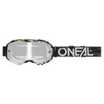 Die O'NEAL B-10 Brille ATTACK überzeugt durch klare Gläser und ein robustes, sportliches Design mit schwarz-weißem Rahmen und silber verspiegelten Akzenten. Das schwarze Brillenband trägt den auffälligen weißen Schriftzug „O'NEAL“ – ideal für Motocross-Fans, die Wert auf Stil und Funktionalität legen.