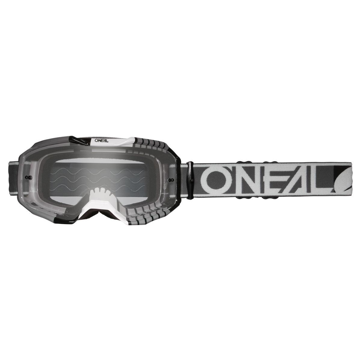 Die O'NEAL B-10 Brille DUPLEX verfügt über eine transparente Linse, einen grauen Rahmen und ein verstellbares schwarzes Band mit weißem „ONEAL“-Schriftzug. Das äußere Wellenmuster verbessert den Augenschutz. Erhältlich in Grau/Weiß/Schwarz - Klar.