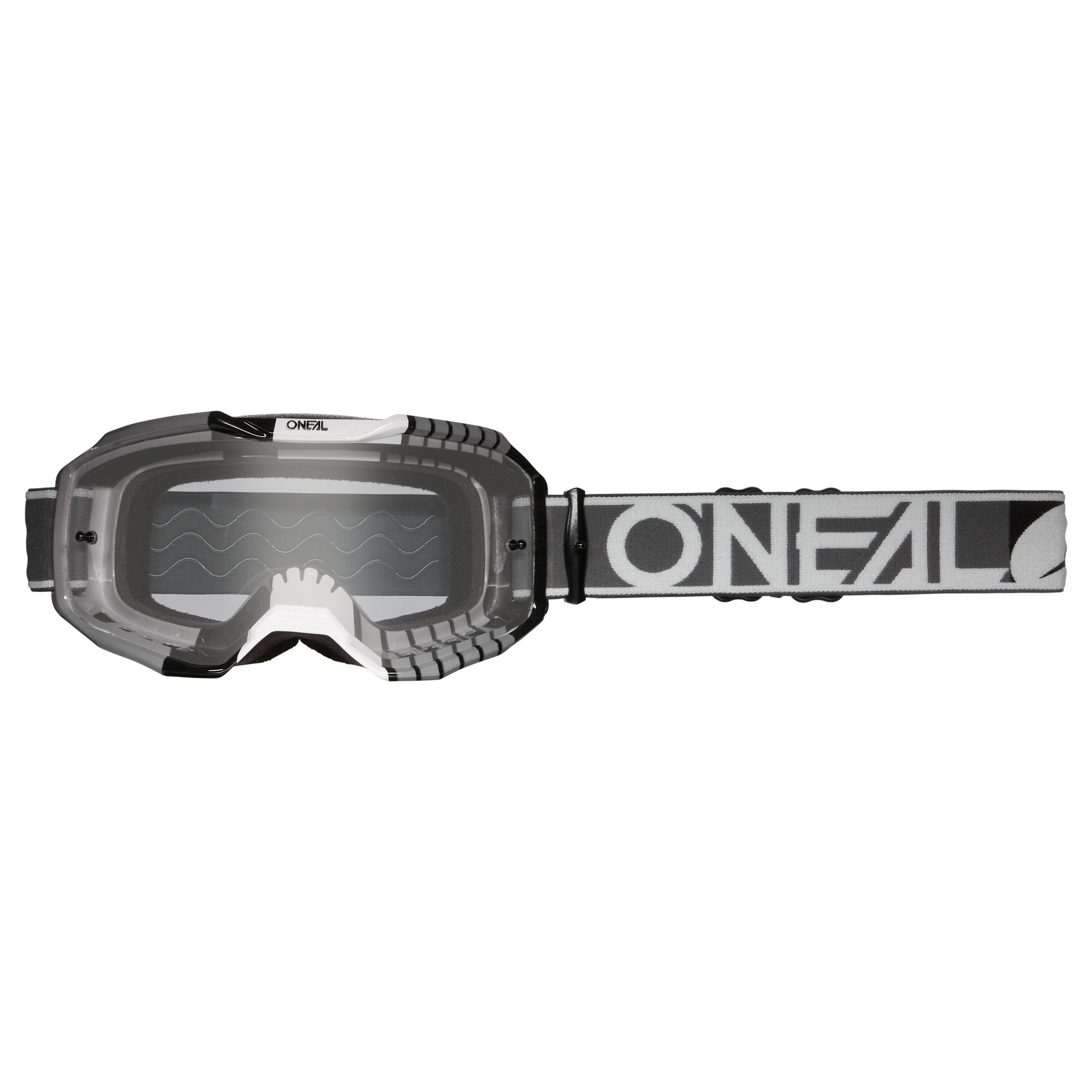 Die O'NEAL B-10 Brille DUPLEX verfügt über eine transparente Linse, einen grauen Rahmen und ein verstellbares schwarzes Band mit weißem „ONEAL“-Schriftzug. Das äußere Wellenmuster verbessert den Augenschutz. Erhältlich in Grau/Weiß/Schwarz - Klar.