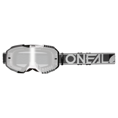 Die O'NEAL B-10 Brille DUPLEX ist eine schwarz-weiße Motocross-Brille mit klaren Gläsern und einem verstellbaren Band mit auffälligem O'NEAL-Branding.