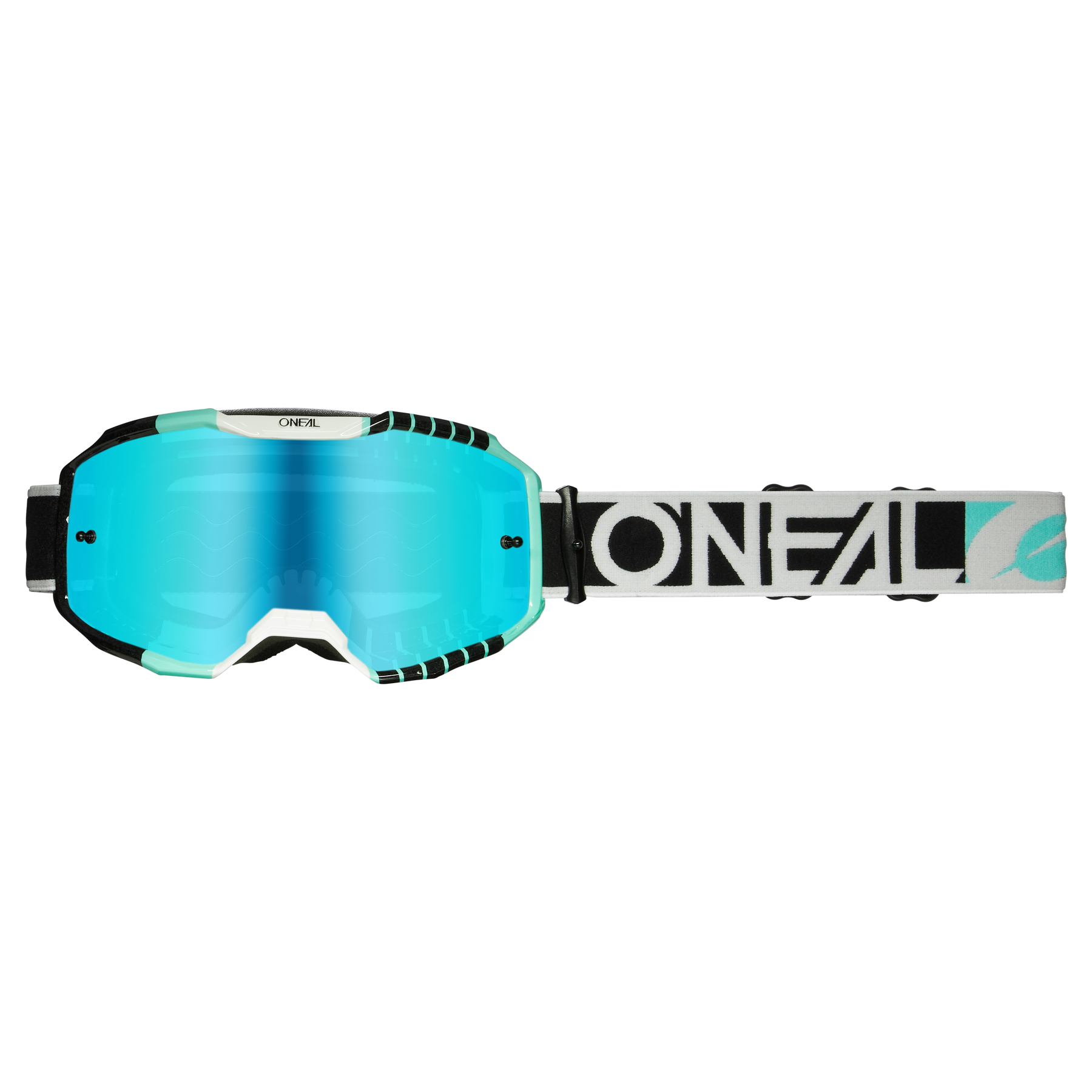 Die O'NEAL B-10 Brille DUPLEX Motocross-Brille verfügt über einen weiß/schwarz/grünen Rahmen mit radiumblauen Akzenten, reflektierende Gläser und einen verstellbaren schwarz-weißen Riemen mit dem „O'NEAL“-Logo für stilvollen und optimalen Augenschutz.