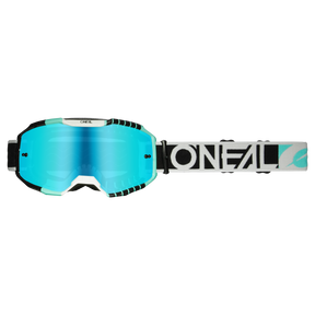 Die O'NEAL B-10 Brille DUPLEX Motocross-Brille verfügt über einen weiß/schwarz/grünen Rahmen mit radiumblauen Akzenten, reflektierende Gläser und einen verstellbaren schwarz-weißen Riemen mit dem „O'NEAL“-Logo für stilvollen und optimalen Augenschutz.