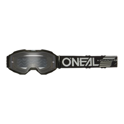 O'NEAL B-10 Brille Kinder SOLID - schwarze Motocross-Brille für junge Fahrer mit klarem Glas und verstellbarem Band. Das Band zeigt "ONEAL" und "ADVANCED RA" in Weiß. Robuster Schutz speziell für Kinder.