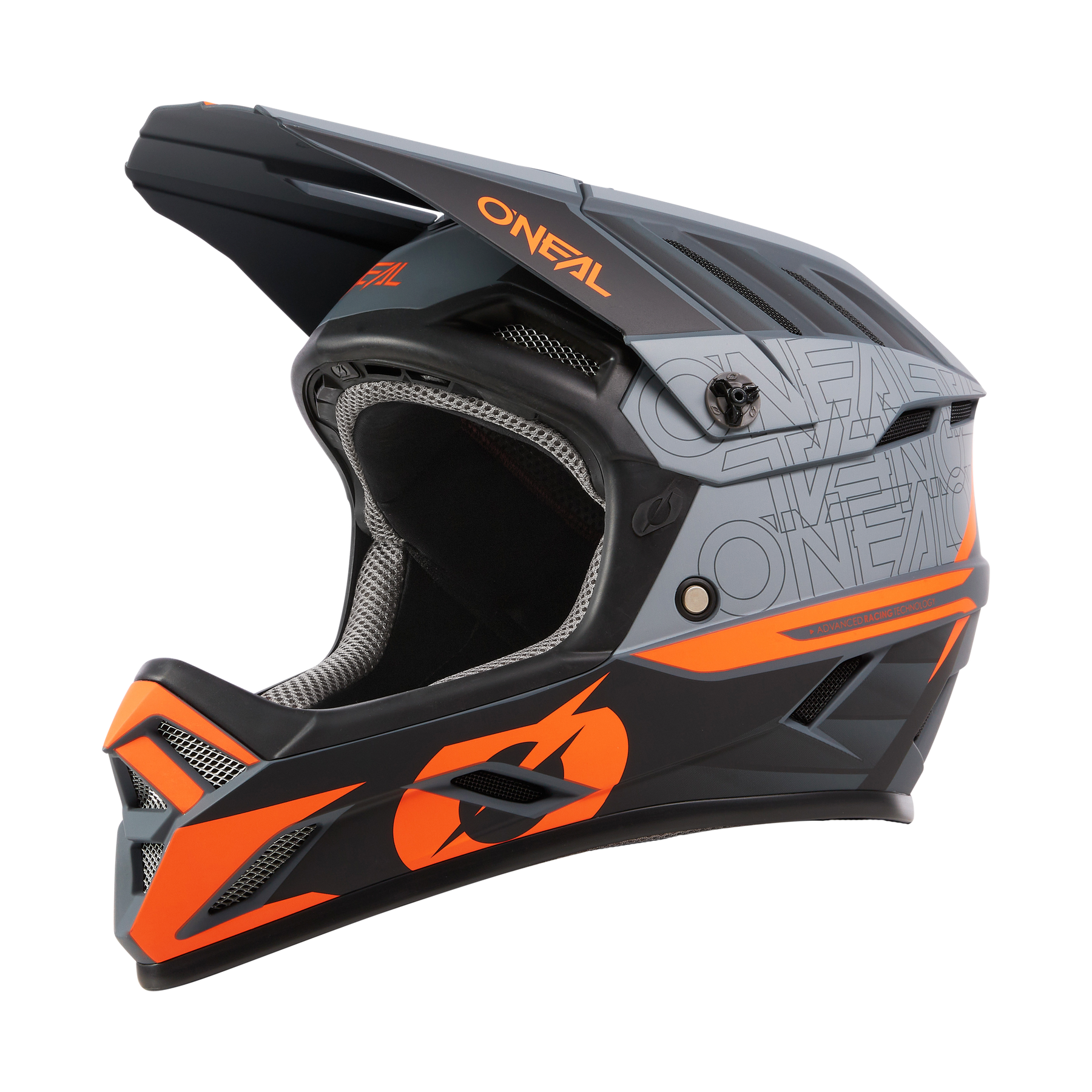 Der O'NEAL BACKFLIP Helm ECLIPSE ist ein schwarz-grauer Fullface-MTB-Helm mit leuchtend orangen Akzenten, einem Visier und einer großen Belüftung an der Vorderseite, der für Mountainbikes oder Downhills entwickelt wurde.