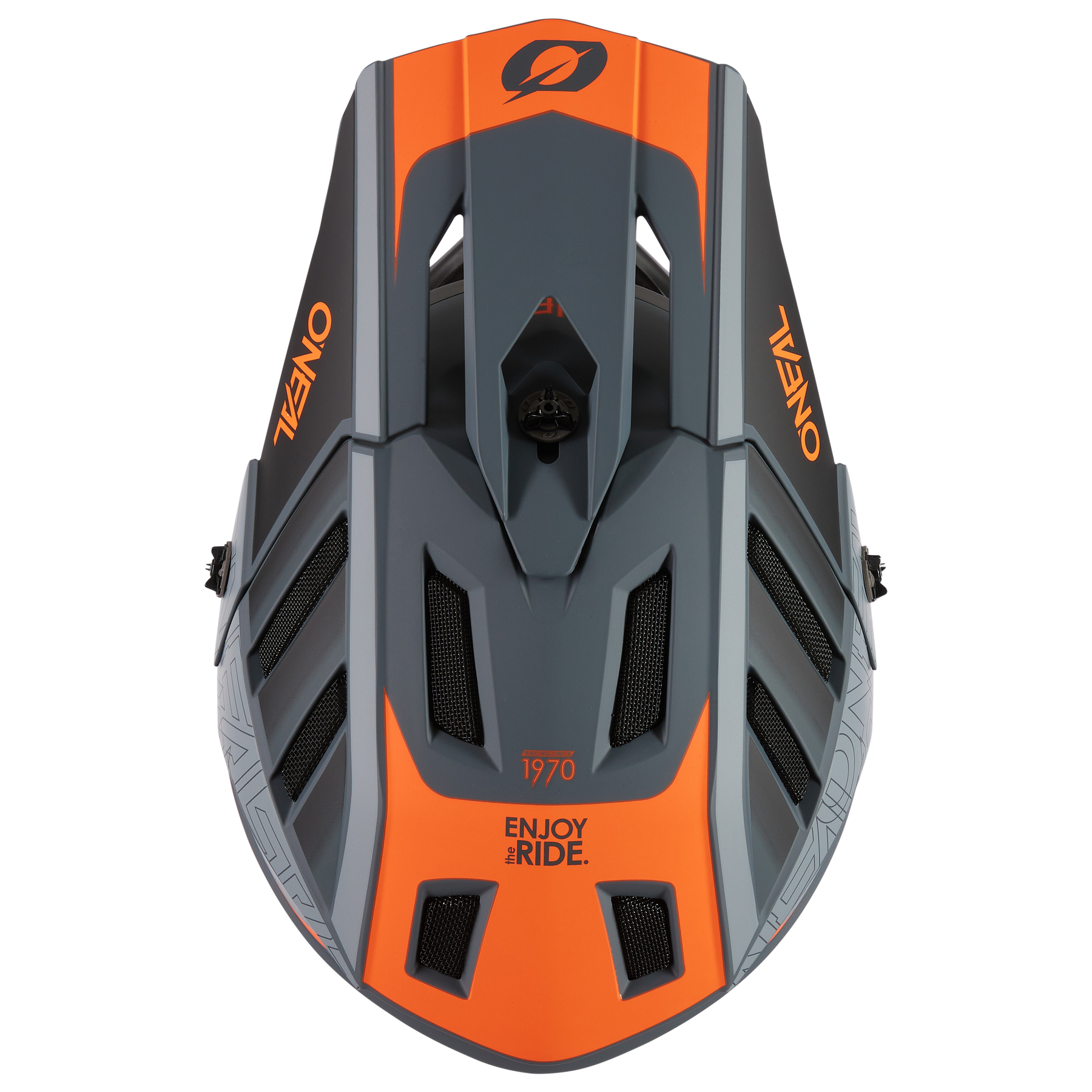 Draufsicht auf ein modernes grau-oranges Wasserfahrzeug mit "ENJOY the RIDE", "1970" und "ONEAN" - eine perfekte Ergänzung für O'NEAL BACKFLIP Helm ECLIPSE Fans oder O'NEAL MTB Enthusiasten.