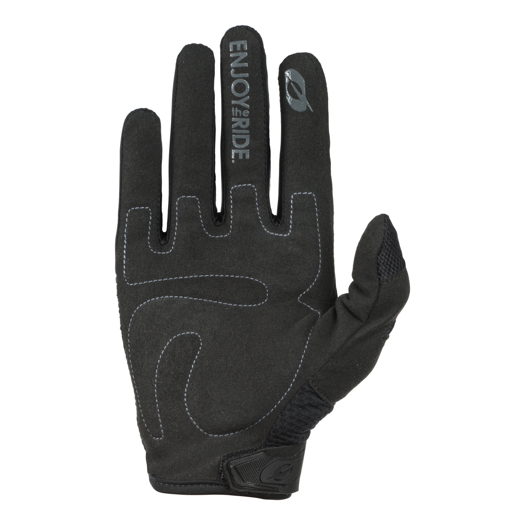 Der O'NEAL ELEMENT Handschuh RACEWEAR ist ein einzelner schwarzer Vollfingerhandschuh mit weißen Nähten und dem auf dem Zeigefinger aufgedruckten Schriftzug „ENJOY the RIDE“. Er ist auf Langlebigkeit ausgelegt und verfügt über eine verstärkte Handfläche und ein kleines Logo im Handgelenkbereich, was ihn zur idealen Wahl als Mountainbike-Handschuh macht.