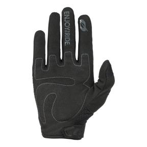 Der O'NEAL ELEMENT Handschuh RACEWEAR ist ein einzelner schwarzer Vollfingerhandschuh mit weißen Nähten und dem auf dem Zeigefinger aufgedruckten Schriftzug „ENJOY the RIDE“. Er ist auf Langlebigkeit ausgelegt und verfügt über eine verstärkte Handfläche und ein kleines Logo im Handgelenkbereich, was ihn zur idealen Wahl als Mountainbike-Handschuh macht.