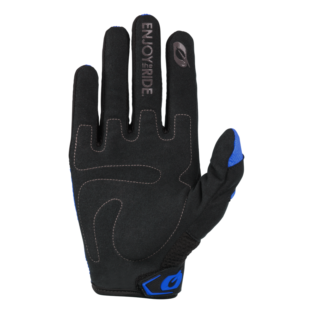 Ein schwarz-blauer Fahrradhandschuh, ähnlich dem O'NEAL ELEMENT Handschuh RACEWEAR, mit dem Aufdruck „ENJOY THE RIDE“ auf dem Zeigefinger. Mit verstärkten Nähten, einem gebogenen ergonomischen Design und einem Klettverschluss für einen sicheren Sitz. Die Rückseite zeigt komplizierte Muster, die perfekt für jede freihändige Mountainbike-Fahrt sind.