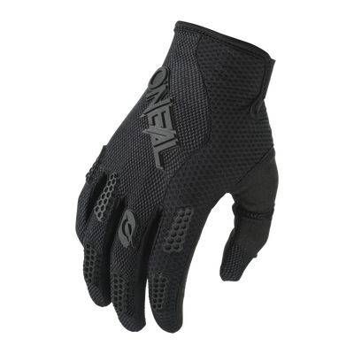 Eine Nahaufnahme des schwarzen, netzstrukturierten O'NEAL ELEMENT Handschuhs RACEWEAR mit dem Markennamen „O'NEAL“ deutlich sichtbar auf der Rückseite. Dieser Mountainbike-Handschuh verfügt über eine Schutzpolsterung an den Knöcheln und Fingergelenken, die Haltbarkeit und Griffigkeit verbessert.