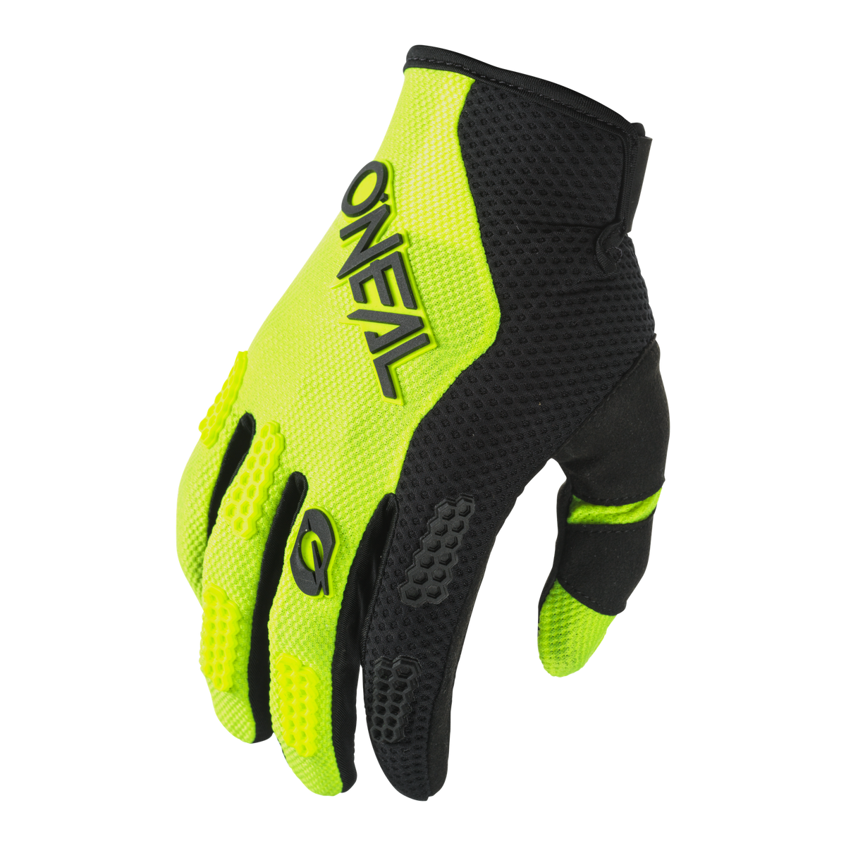 Der O'NEAL ELEMENT Handschuh RACEWEAR, der für das Radfahren oder Motocross konzipiert wurde, ist ein schwarz-neongelber Handschuh mit atmungsaktivem Netzgewebe, Knöchelpolsterung und einem Klettverschluss für eine verstellbare Passform. Die Marke „O'NEAL“ ist auf der Rückseite des Handschuhs deutlich sichtbar angebracht.