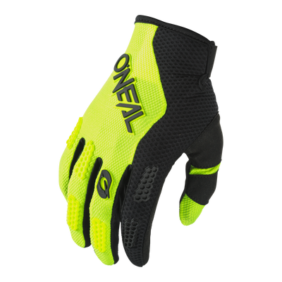Der O'NEAL ELEMENT Handschuh RACEWEAR ist ein schwarzer und neongelber Handschuh mit strukturiertem Griff und atmungsaktivem Mesh, mit dem O'NEAL-Logo auf der Rückseite - ideal als Mountainbike- oder Motocross-Handschuh. Abgebildet auf einem schwarzen Hintergrund.