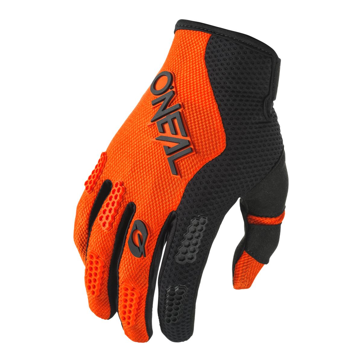Ein kontrastreicher, orange-schwarzer O'NEAL ELEMENT Handschuh RACEWEAR für Sport oder Outdoor-Aktivitäten. Der Handschuh wird von einem Winkel aus gezeigt, sodass die Oberseite mit strukturiertem Stoff und dem Markennamen „O'Neal“ deutlich sichtbar in Schwarz auf dem orangefarbenen Abschnitt zu sehen ist.