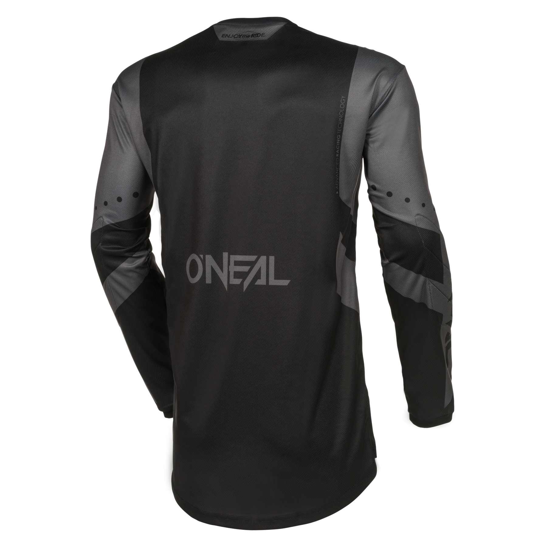 Das O'NEAL ELEMENT Jersey RACEWEAR zeigt sich von hinten in Schwarz und Grau, mit dem O'NEAL-Logo auf dem oberen Rücken, geometrischem Ärmelmuster und atmungsaktivem Material für perfekten Sitz und Komfort.