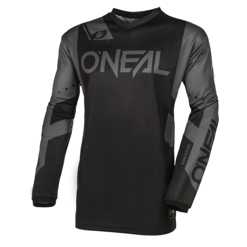 Das O'NEAL ELEMENT Jersey RACEWEAR von O'NEAL ist ein schwarz-graues, langärmeliges Enduro/MTB-Trikot mit auffälligen Logos auf der Brust, den Ärmeln und den Schultern. Es ist aus atmungsaktivem Material gefertigt und sitzt perfekt. Abgebildet auf einfarbigem Hintergrund.