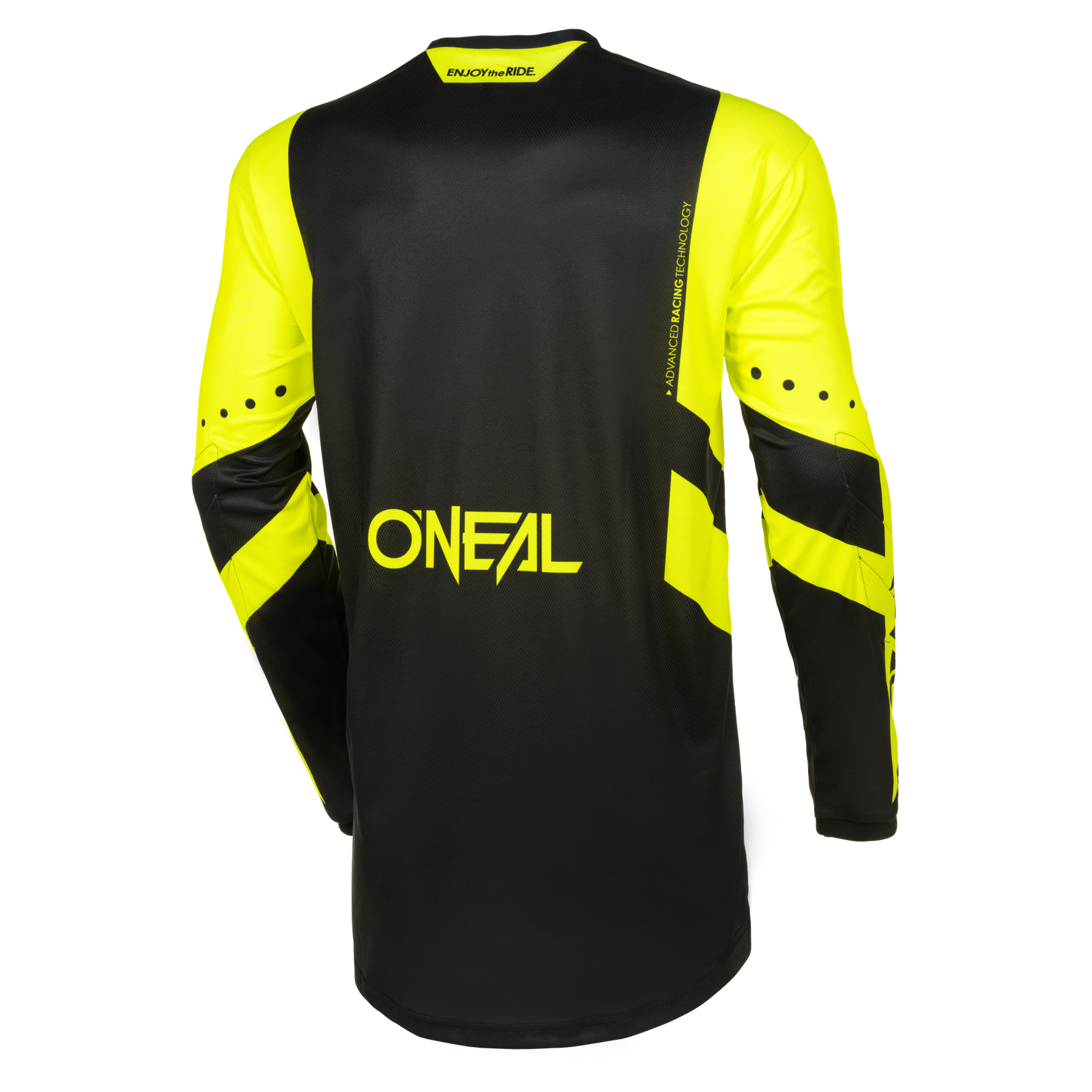 Das O'NEAL ELEMENT Jersey RACEWEAR ist ein langärmeliges Trikot in Schwarz und leuchtendem Gelb mit dem O'NEAL-Logo auf dem Rücken. Es bietet gelb akzentuierte Ärmel, kleine Belüftungslöcher und atmungsaktives Material für einen perfekten Sitz.