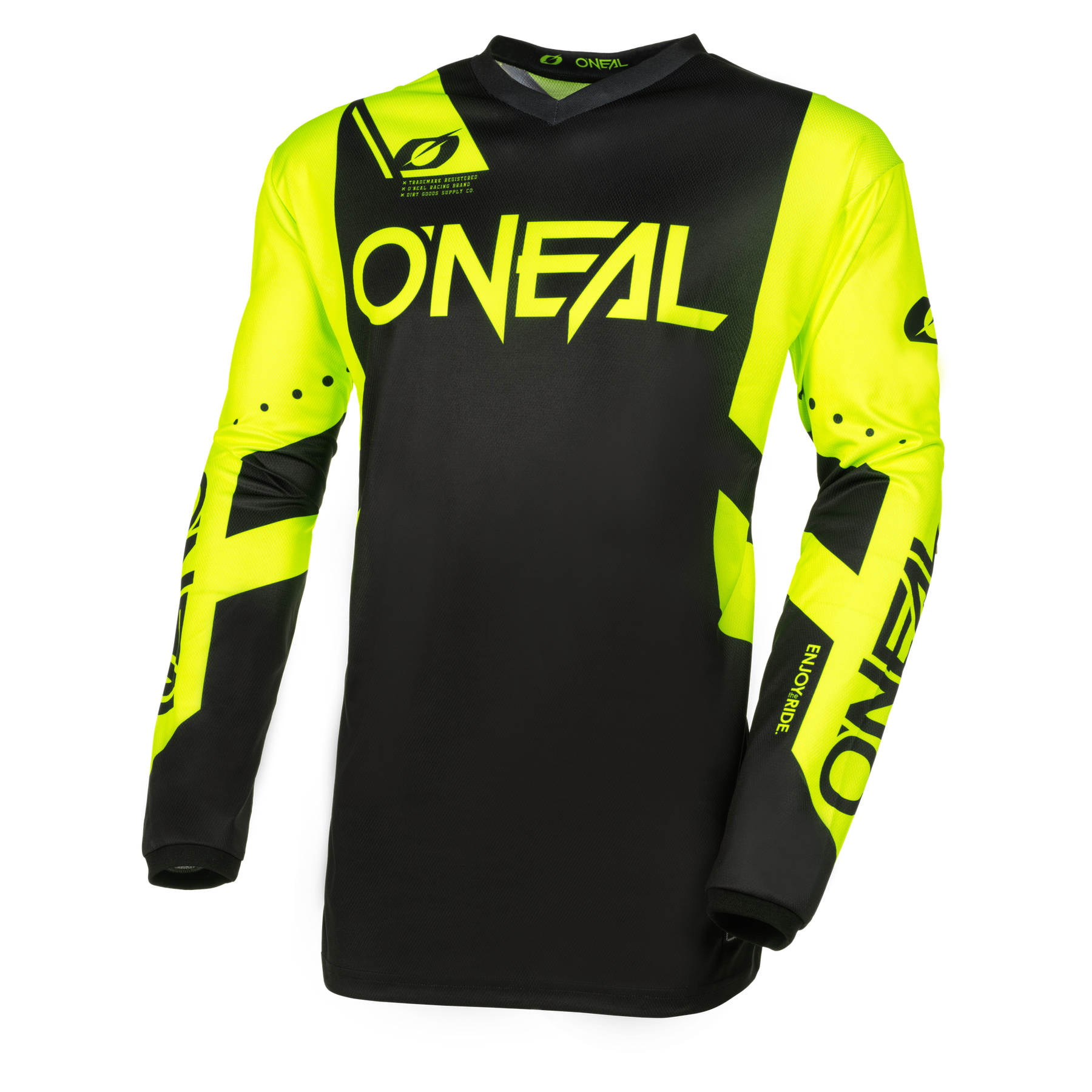 Das O'NEAL ELEMENT Jersey RACEWEAR von O'NEAL ist ein schwarzes, langärmeliges Motocross-Trikot mit gelben Akzenten, auffälligen Grafiken und atmungsaktivem Material für eine hervorragende Passform und Fahrkomfort.