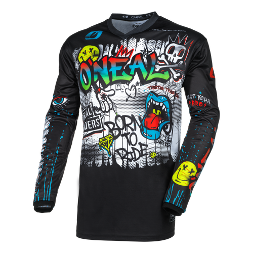 Das O'NEAL ELEMENT Jersey RANCID ist ein langärmliges, schwarzes Trikot, das mit lebendigen Grafiken im Graffiti-Stil verziert ist. Es zeigt deutlich das Wort „O'Neal“, einen Totenkopf, eine blaue Schlange mit offenem Mund und verschiedene andere Symbole und Kritzeleien. Dieses Trikot aus atmungsaktivem Material zeigt die Sätze „Not Your Bro“ und „Born to Ride“ und ist damit perfekt für Radsportbegeisterte.