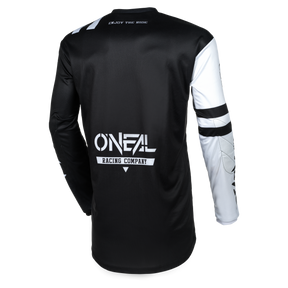 Das O'NEAL ELEMENT Jersey WARHAWK ist ein langärmliges schwarz-weißes Renntrikot mit dem Logo der „O'Neal Racing Company“ in großem Text auf der Rückseite. Es besteht aus atmungsaktivem Material und verfügt über ein weiß-schwarzes Farbblockdesign an den Ärmeln sowie zusätzliche Grafiken und den Satz „Enjoy The Ride“ oben.
