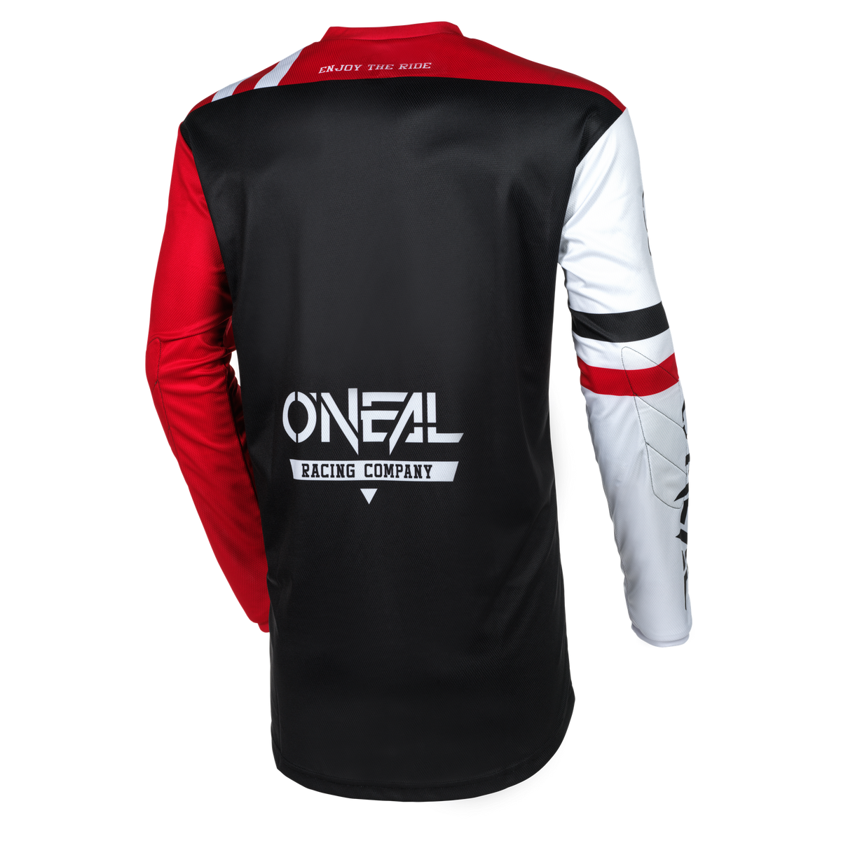 Ein langärmliges O'NEAL ELEMENT-Trikot WARHAWK mit schwarzer Rückseite, rotem linken Ärmel und weißem rechten Ärmel. Auf der Rückseite steht der Text „O'NEAL RACING COMPANY“ und „ENJOY THE RIDE“ in der Nähe des Kragens. Dieses Design besteht aus atmungsaktivem Material für eine perfekte Passform und weist weiße, rote und schwarze Akzente auf.