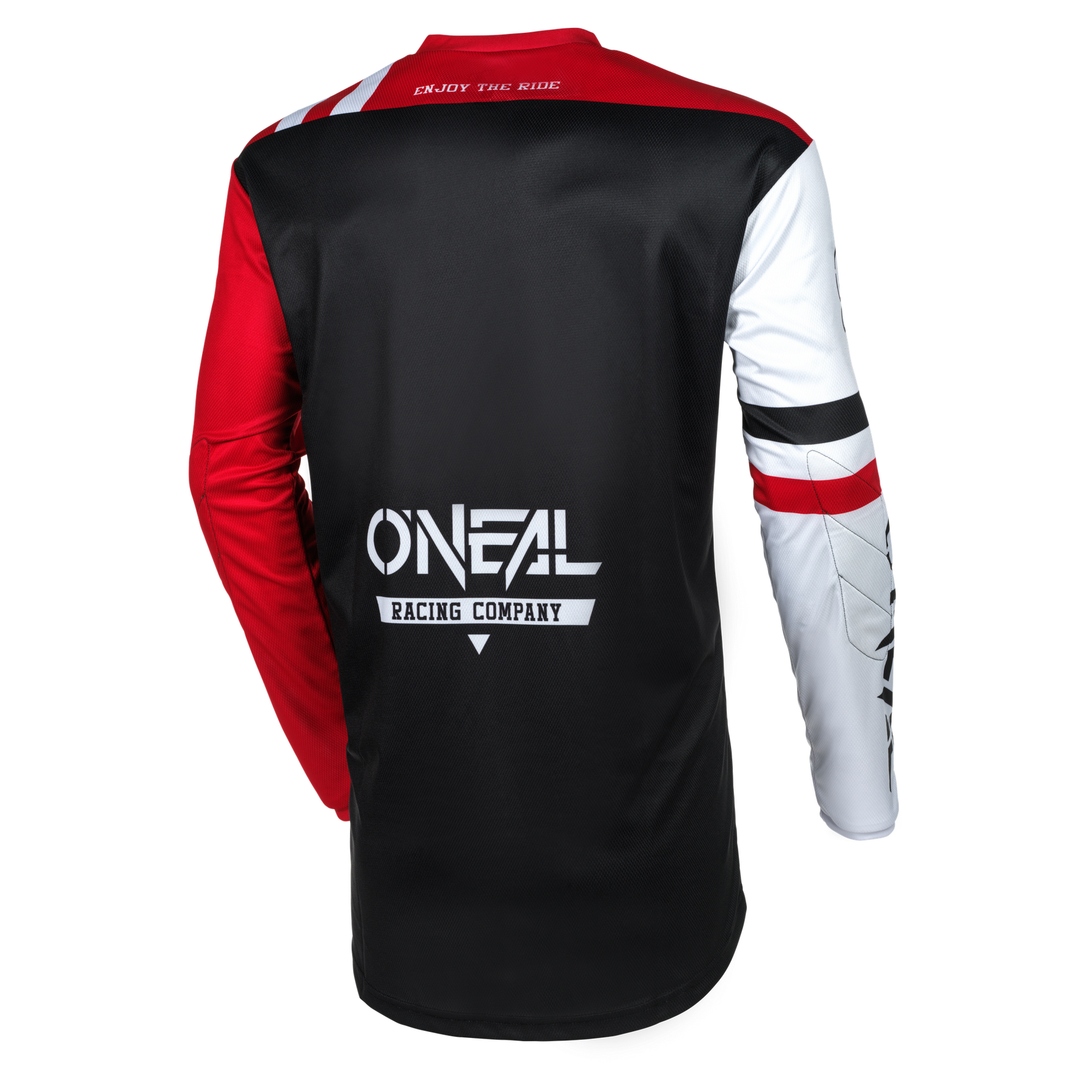 Ein langärmliges O'NEAL ELEMENT-Trikot WARHAWK mit schwarzer Rückseite, rotem linken Ärmel und weißem rechten Ärmel. Auf der Rückseite steht der Text „O'NEAL RACING COMPANY“ und „ENJOY THE RIDE“ in der Nähe des Kragens. Dieses Design besteht aus atmungsaktivem Material für eine perfekte Passform und weist weiße, rote und schwarze Akzente auf.