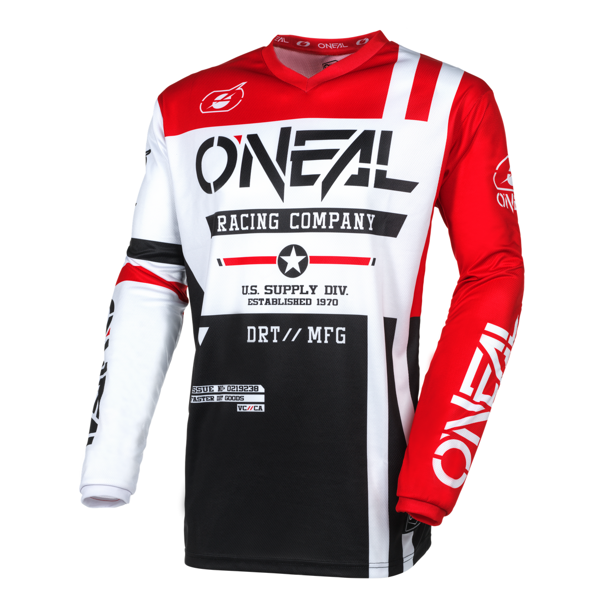 Das O'NEAL ELEMENT Jersey WARHAWK ist ein rot-schwarz-weißes Trikot der O'Neal Racing Company mit der auffälligen Aufschrift „ONEAL“ auf der Brust. Dieses stylische Trikot verfügt außerdem über verschiedene Text- und Grafikdesigns, darunter „DRT//MFG“, „US Supply Div. Established 1970“ und rennbezogene Symbole auf den Ärmeln. Es ist aus atmungsaktivem Stoff für eine perfekte Passform gefertigt und sorgt für Komfort und Stil auf der Strecke.