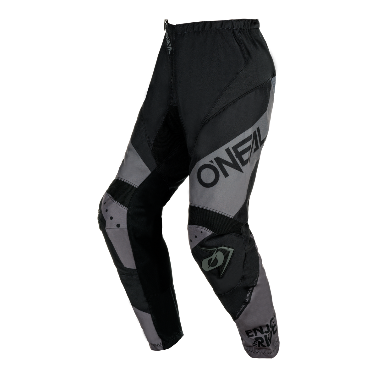 Die O'NEAL ELEMENT Hose RACEWEAR in Schwarz und Grau bietet Komfort und Schutz für Motorsportler, mit verstärkten Einsätzen, Reißverschluss am Bund und O'NEAL-Branding.