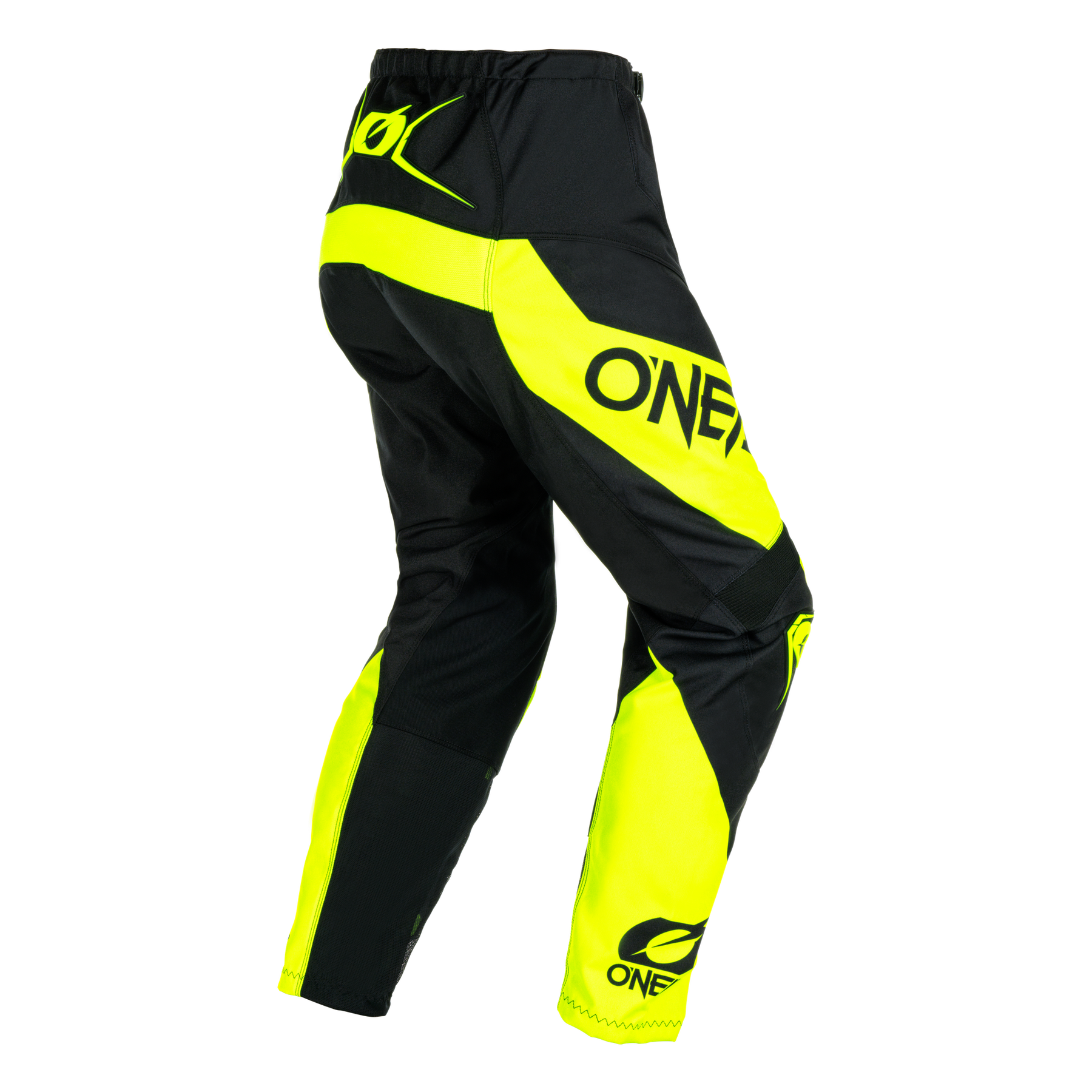Die O'NEAL ELEMENT Hose RACEWEAR in Schwarz und Neongelb mit weißem "ONE"-Schriftzug, auffälligem Farbblocking und athletischer Passform wurde für Komfort und Schutz im Motorsport entwickelt.