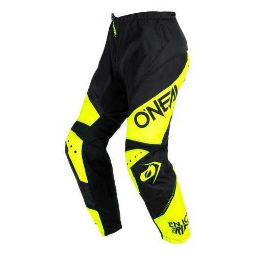 Die O'NEAL ELEMENT Hose RACEWEAR in Schwarz und Neongelb mit auffälliger Grafik und dem Schriftzug 