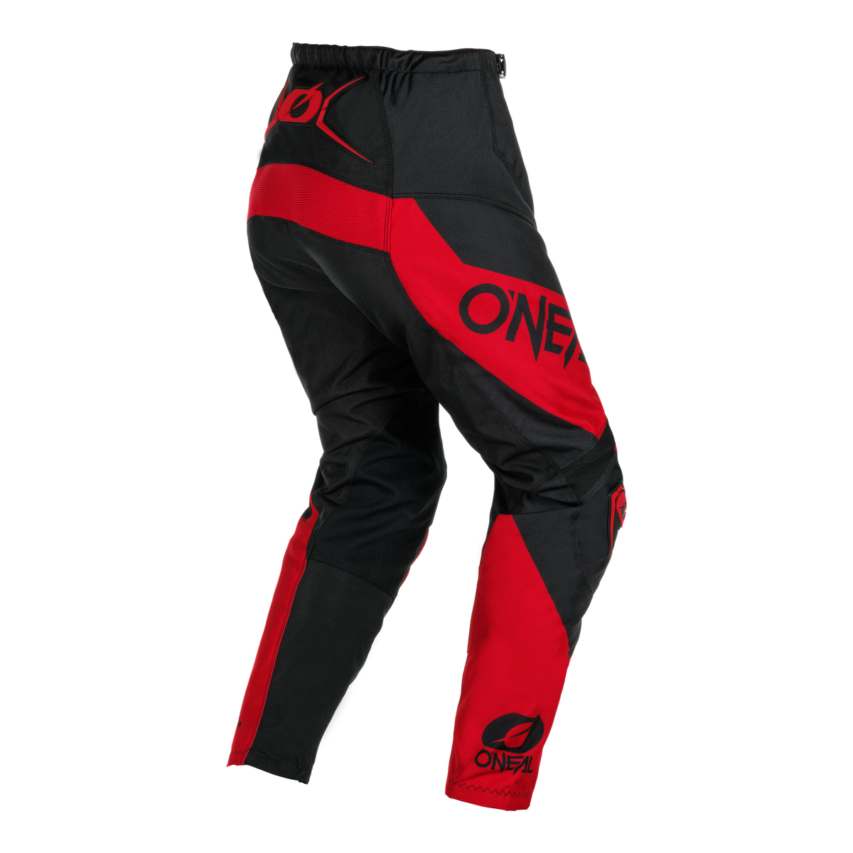 Die O'NEAL ELEMENT Hose RACEWEAR in Schwarz und Rot verfügt über ein O'NEAL-Branding am Ober- und Unterschenkel, einen elastischen Bund und ein auffälliges Farbblock-Design - ideal für Motorsportfans, die Komfort und Schutz suchen.