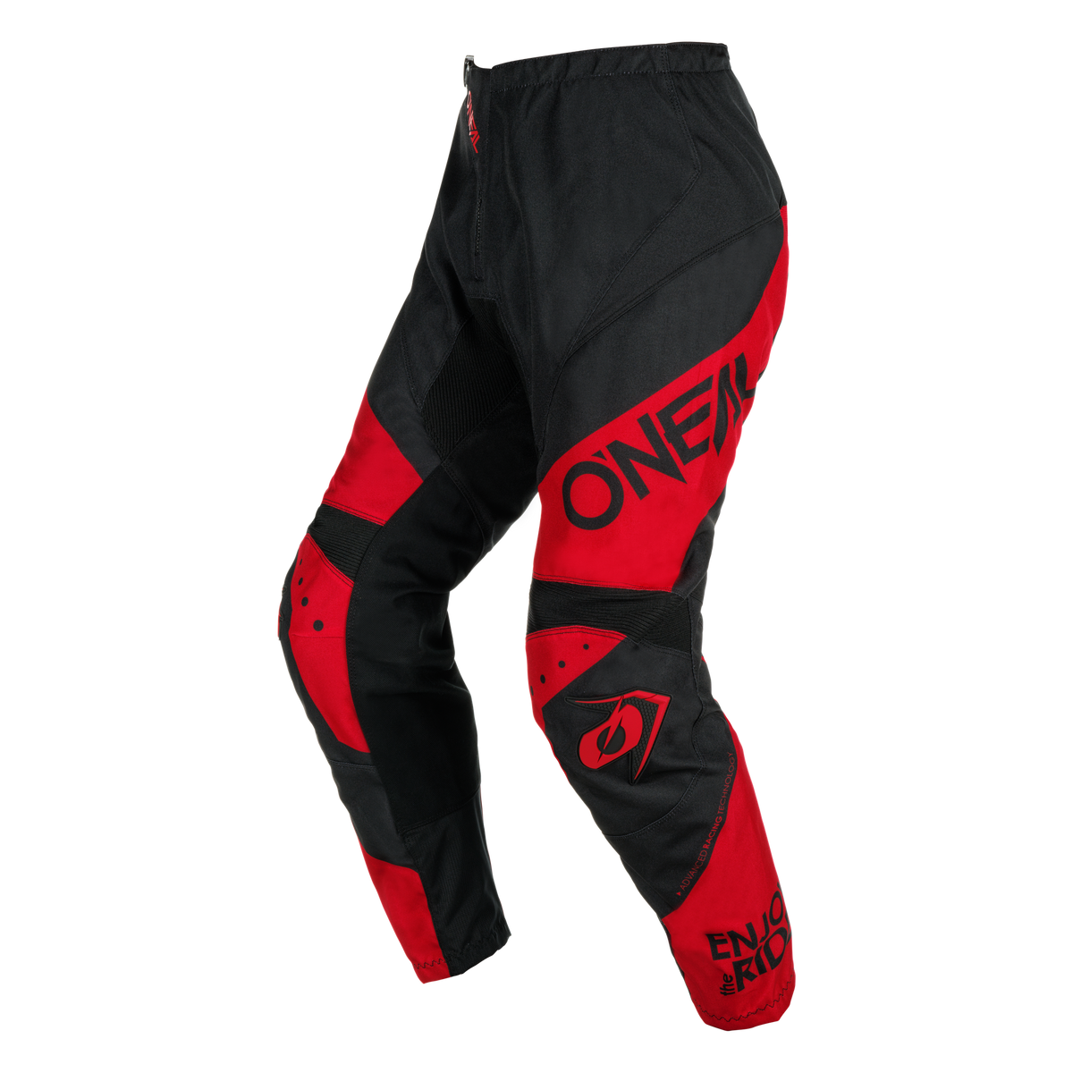 Die O'NEAL ELEMENT Hose RACEWEAR in Schwarz und Rot zeigt "O'NEAL" auf dem linken Oberschenkel und "ENJOY THE RIDE" auf dem Unterschenkel, mit verstärkten Einsätzen, Netzbelüftung und Komfort und Schutz für den Motorsport.