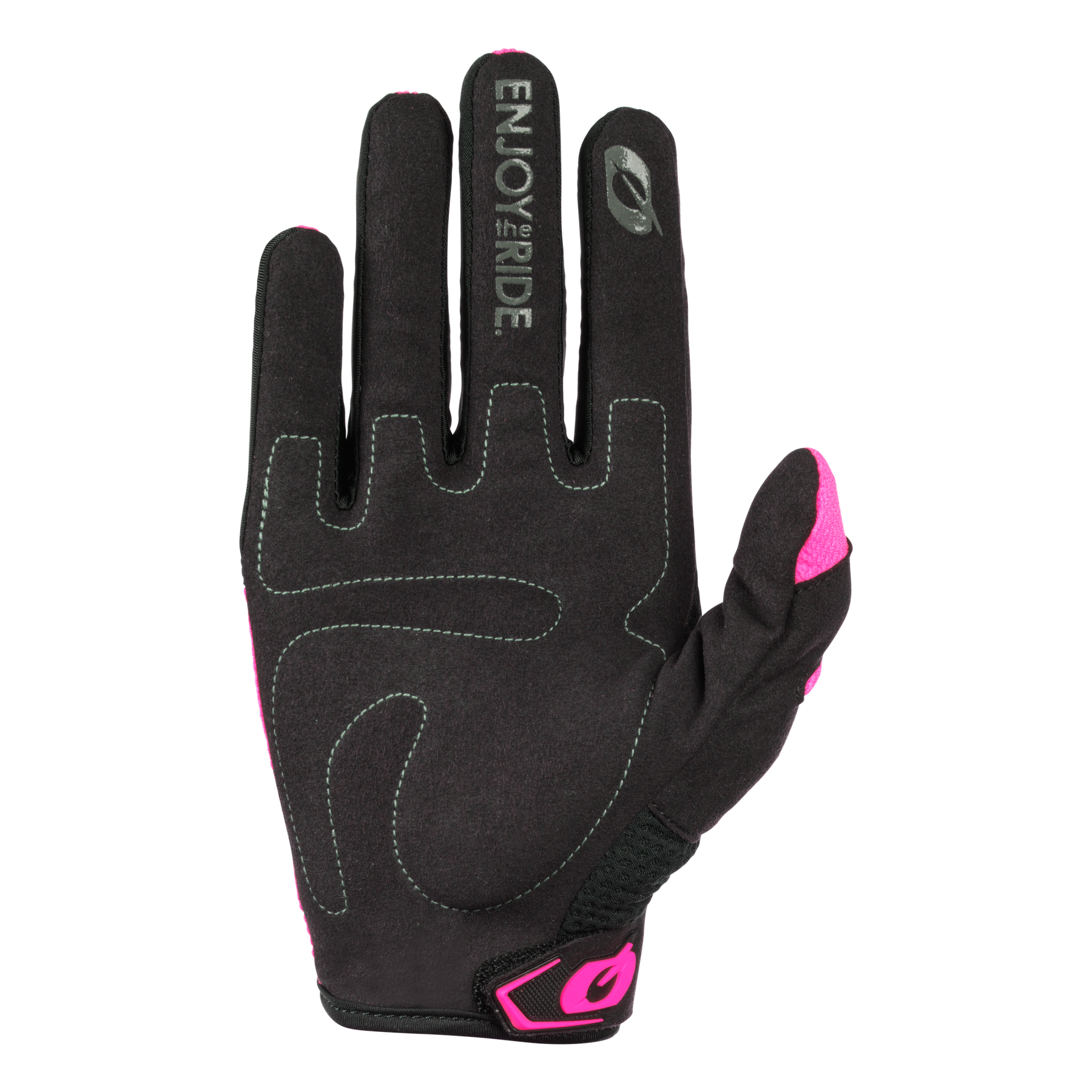 Der O'NEAL ELEMENT Women's Handschuh RACEWEAR ist ein schwarzer O'NEAL Handschuh mit rosa Akzenten, weißen Nähten und "ENJOY THE RIDE" auf dem Zeigefinger - ideal als Mountainbike- oder Motocross-Handschuh.