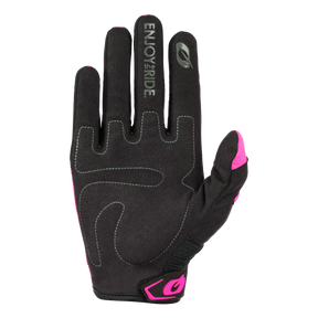 Der O'NEAL ELEMENT Damenhandschuh RACEWEAR ist ein schwarzer Fahrradhandschuh mit rosa Akzenten und grauen Nähten auf weißem Hintergrund. Dieser Handschuh trägt den Text „ENJOY the RIDE“ auf dem Zeigefinger und hat einen Klettverschluss in der Nähe des Handgelenks mit einem O'NEAL-Logo.