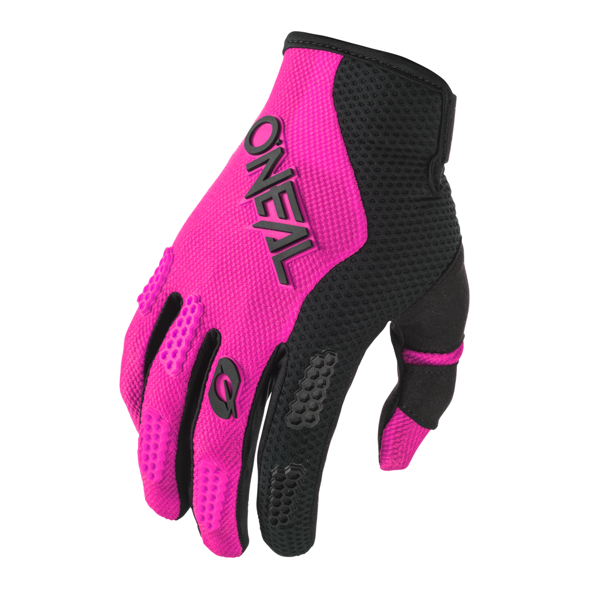 Eine Nahaufnahme des O'NEAL ELEMENT Damenhandschuhs RACEWEAR, der für Motocross oder Radfahren konzipiert wurde und überwiegend in leuchtendem Pink und Schwarz gehalten ist. Dieser Handschuh verfügt über strukturierte Griffdetails an den Fingern und der Handfläche, wobei der Markenname „O'Neal“ in Schwarz auf der rosa Oberseite aufgedruckt ist.