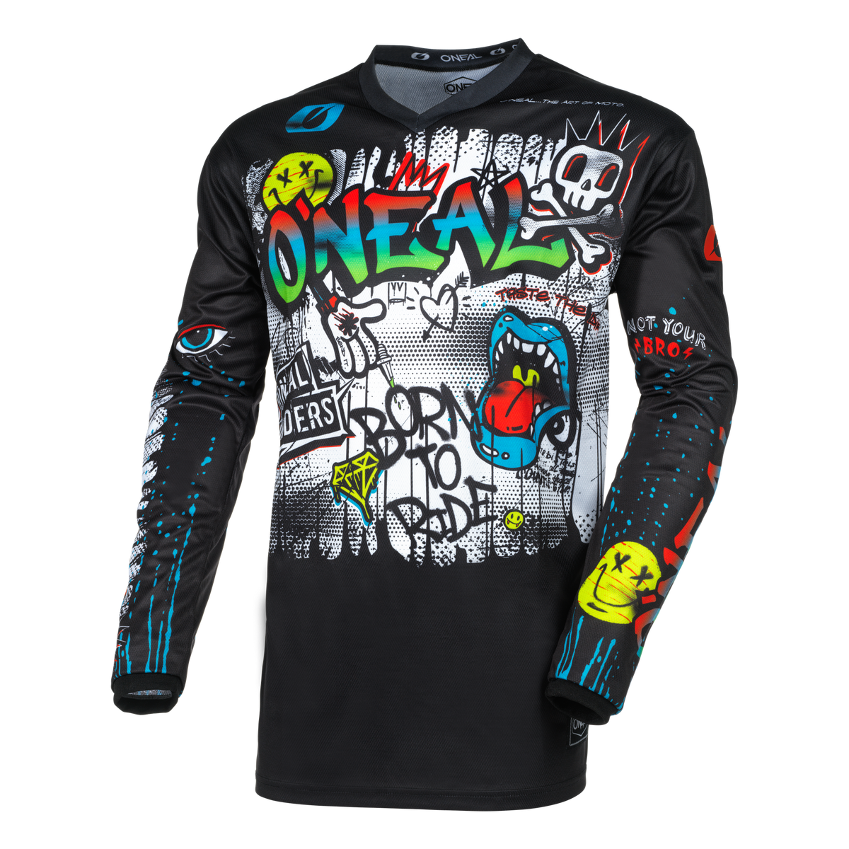 Das O'NEAL ELEMENT Jersey Kinder RANCID besticht durch ein lebendiges Graffiti-Design, darunter ein brüllender blauer Wolf, Augensymbole, verschiedene fettgedruckte Texte wie „BORN TO RIDE“, ein Smiley mit Kreuzen als Augen und ein Totenkopf. Dieses schwarze Langarmtrikot zeigt außerdem mehrfarbige Spritzer und Muster und ist somit perfekt für junge MTB-Enthusiasten.