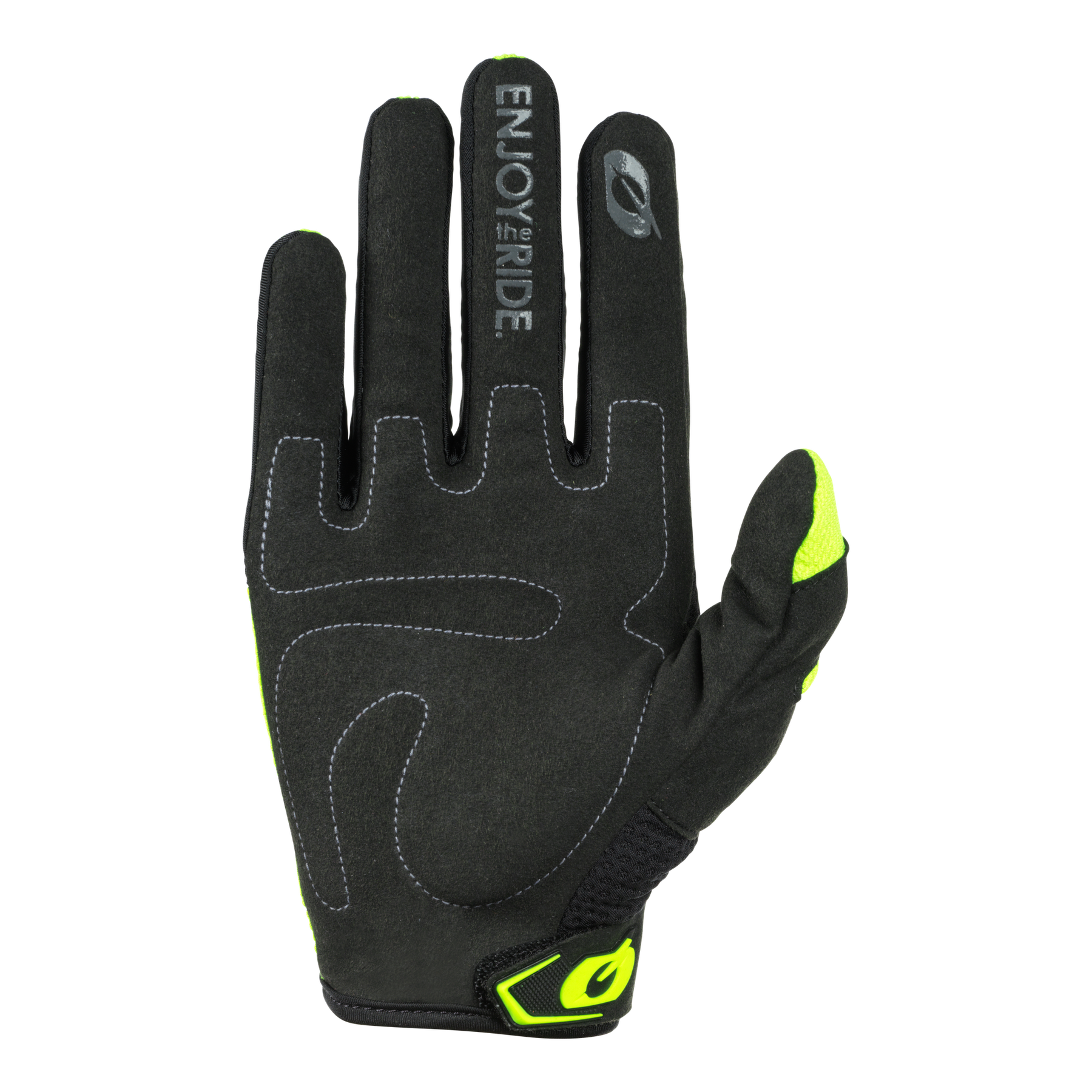 Ein schwarzer O'NEAL ELEMENT Handschuh Kinder RACEWEAR mit neongelben Akzenten an Daumen und Handgelenk, weißen Nähten und "ENJOY THE RIDE" auf dem Zeigefinger ist mit der Handfläche nach oben abgebildet.