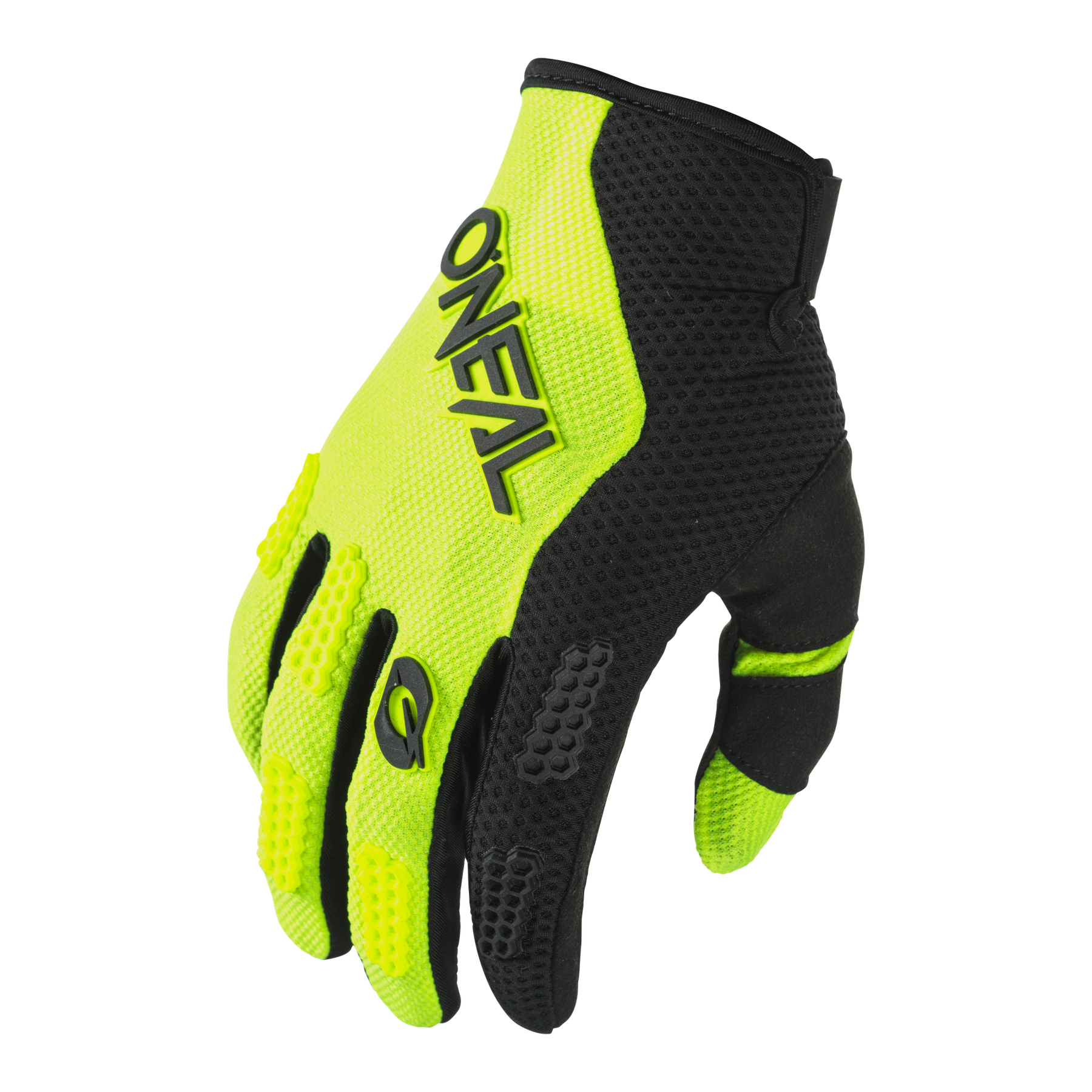 Der O'NEAL ELEMENT Handschuh Kinder RACEWEAR in Schwarz und Neongelb ist mit strukturierten Griffmustern an den Fingern und auf der Rückseite ausgestattet und eignet sich somit ideal zum Biken oder Motocross. Abgebildet vor einem schlichten schwarzen Hintergrund.