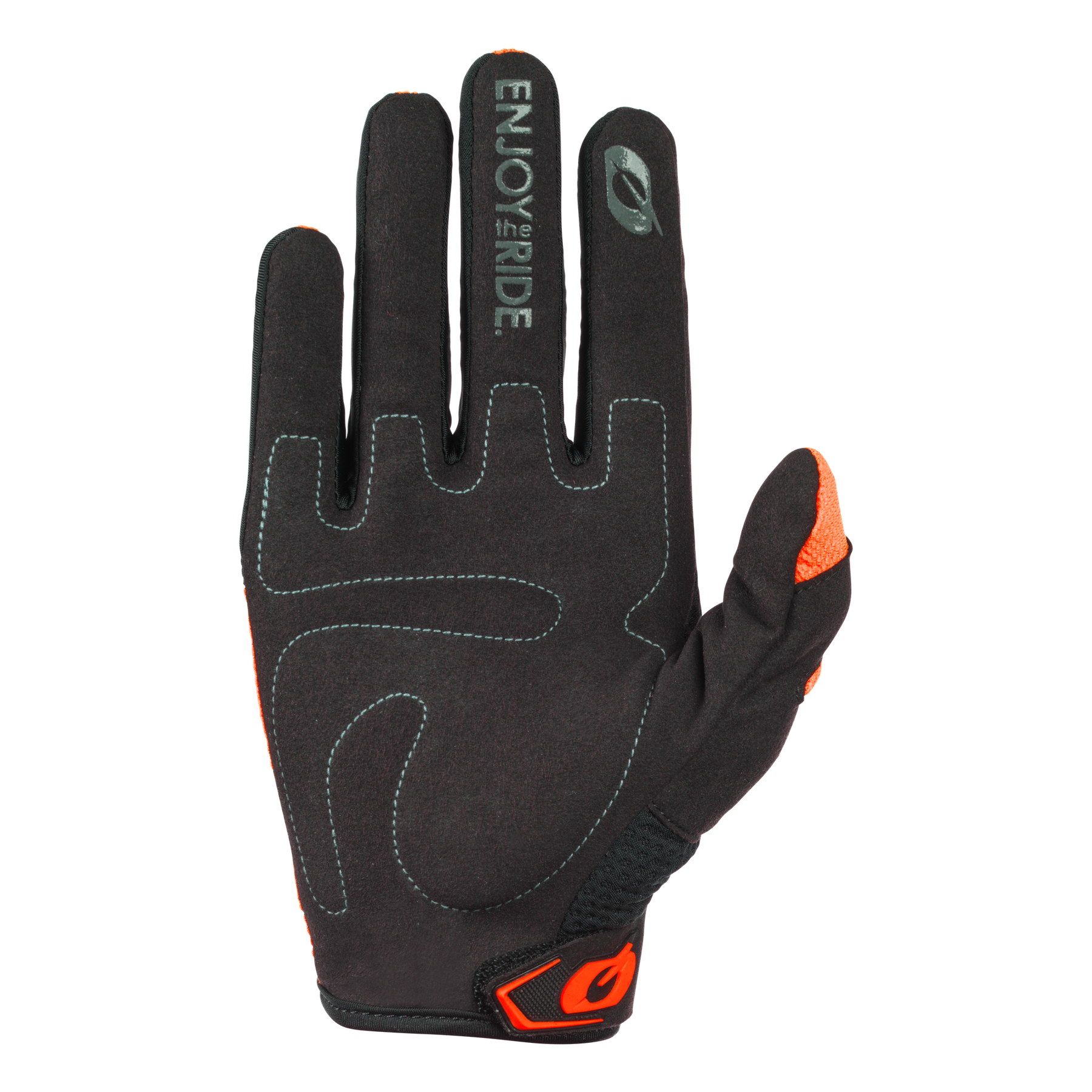 Ein schwarzer O'NEAL ELEMENT Handschuh Kinder RACEWEAR mit grauen Nähten, orangefarbenen Akzenten und "ENJOY THE RIDE" auf dem Zeigefinger ist mit der Handfläche nach unten auf einem weißen Hintergrund abgebildet.