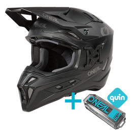 Le casque à visière intégrale O'NEAL EX-SRS Solid Quin Bundle est représenté à côté d'un appareil bleu et noir de Quin, soulignant sa compatibilité avec la technologie de sécurité Quin Pro Smart Sensor.