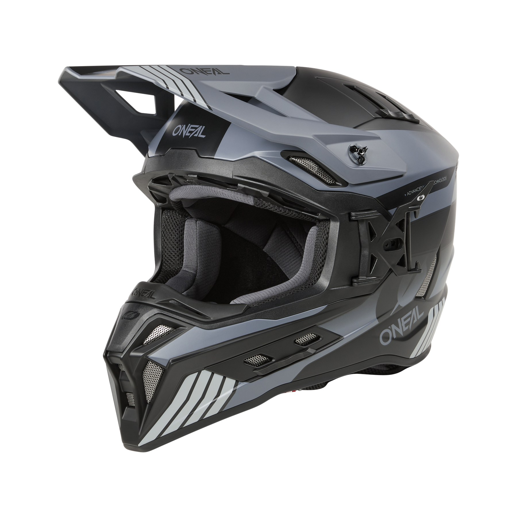 El casco O'NEAL EX-SRS HITCH es un casco integral negro y gris con un diseño anguloso, ventilación mediante aletas de aire, visera y la llamativa marca "O'NEAL", perfecto para la conducción intensiva.